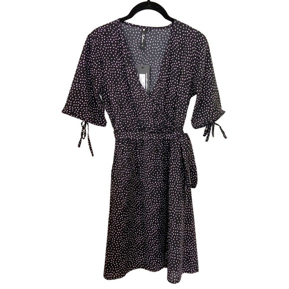 Fanfluence Dresses & Skirts - Polka Dot Dress with Short Tie Sleeves Bow Tie Waist V Neck Ditsy Flirty Girly